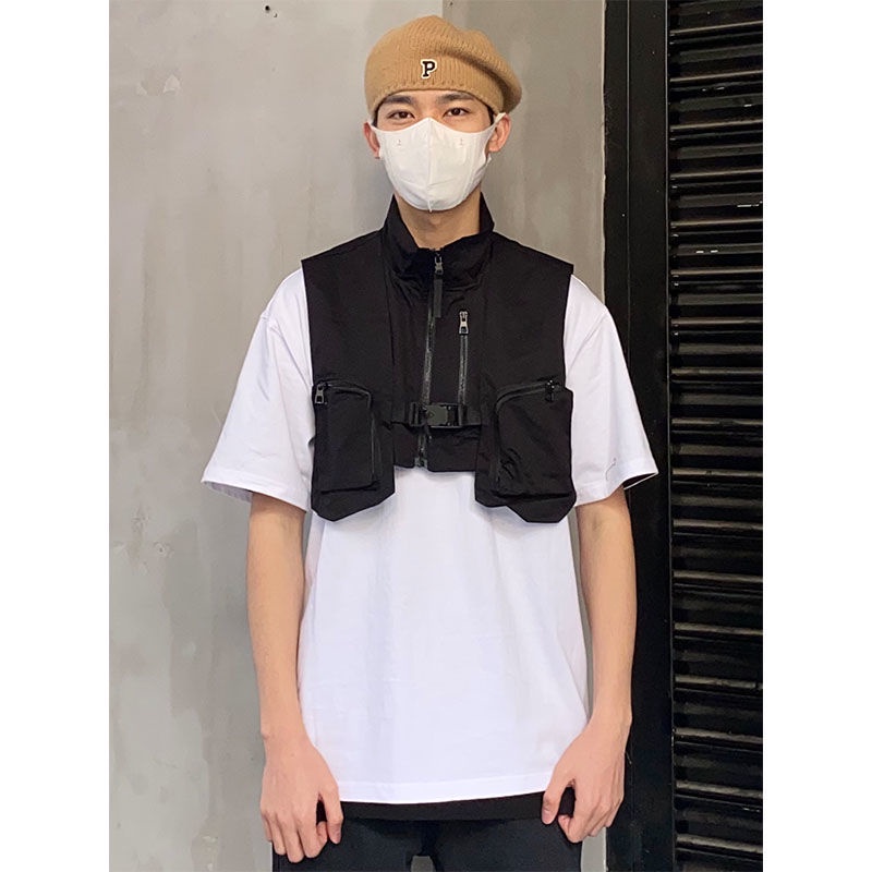 F & X Áo Vest Ngắn Nhiều Túi Cổ Đứng Phong Cách Đường Phố Hàn Quốc Nhật Bản Hợp Thời Trang