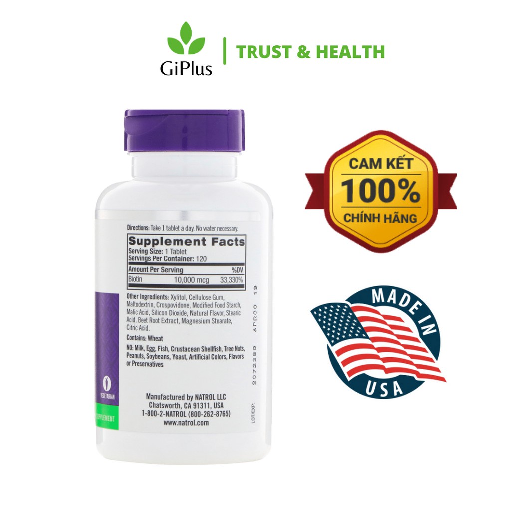 Viên Uống Hỗ Trợ Mọc Tóc, Móng Natrol Biotin 10.000mcg (100 Viên/Lọ)