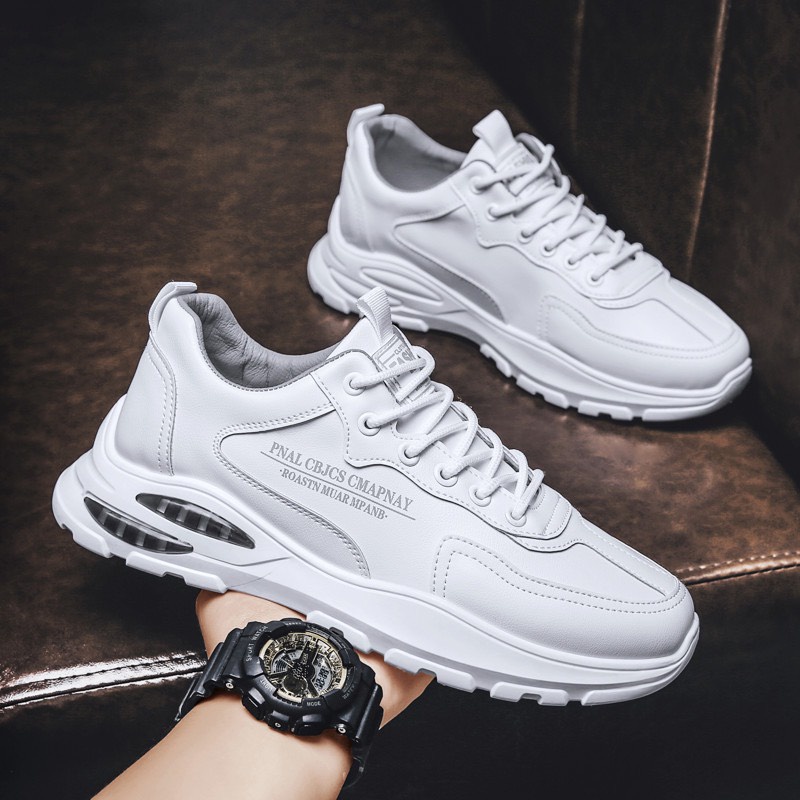 Giày MWC 5345 - Giày Thể Thao Nam, Sneaker Da Trơn Thiết Kế In Chữ Đế Độn Cá Tính Trắng Kem