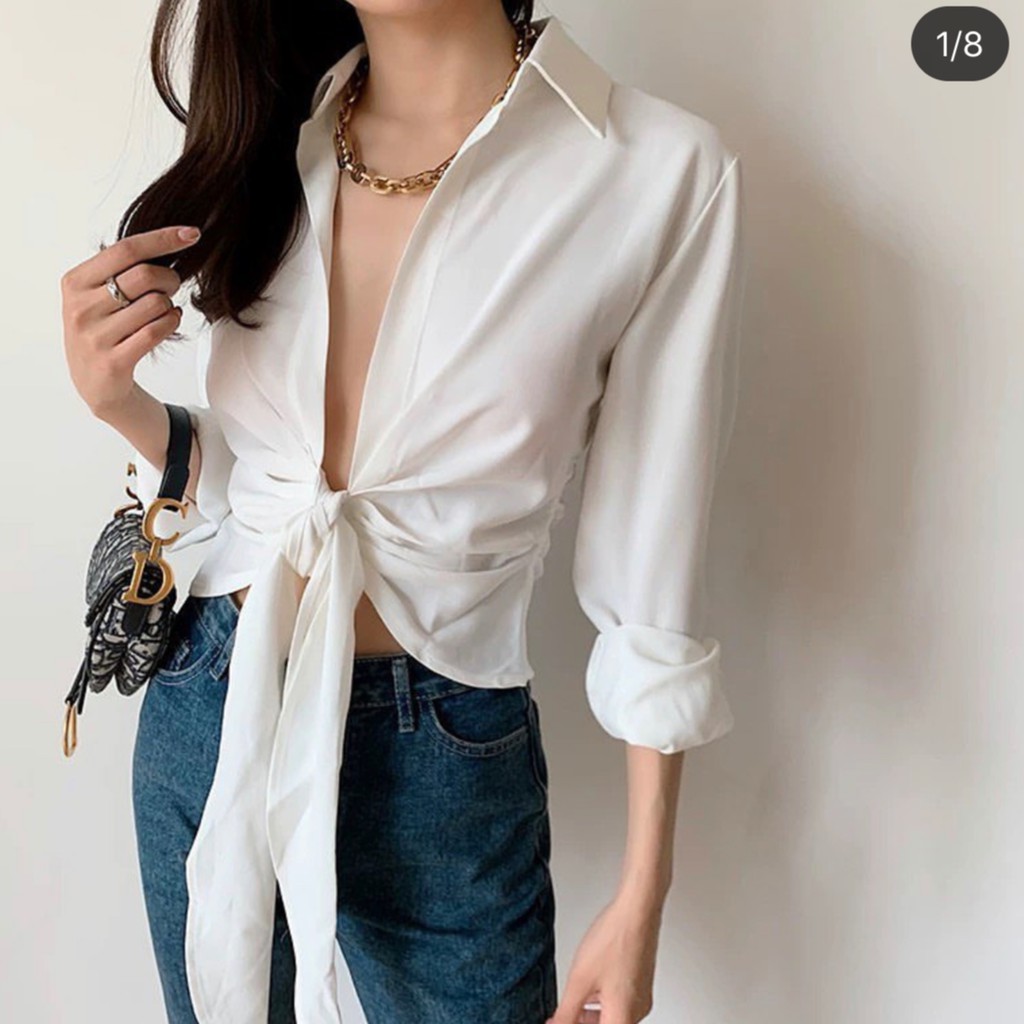 Áo sơ mi cột vạt không nút gợi cảm năng động mặc phối bralet trắng ren