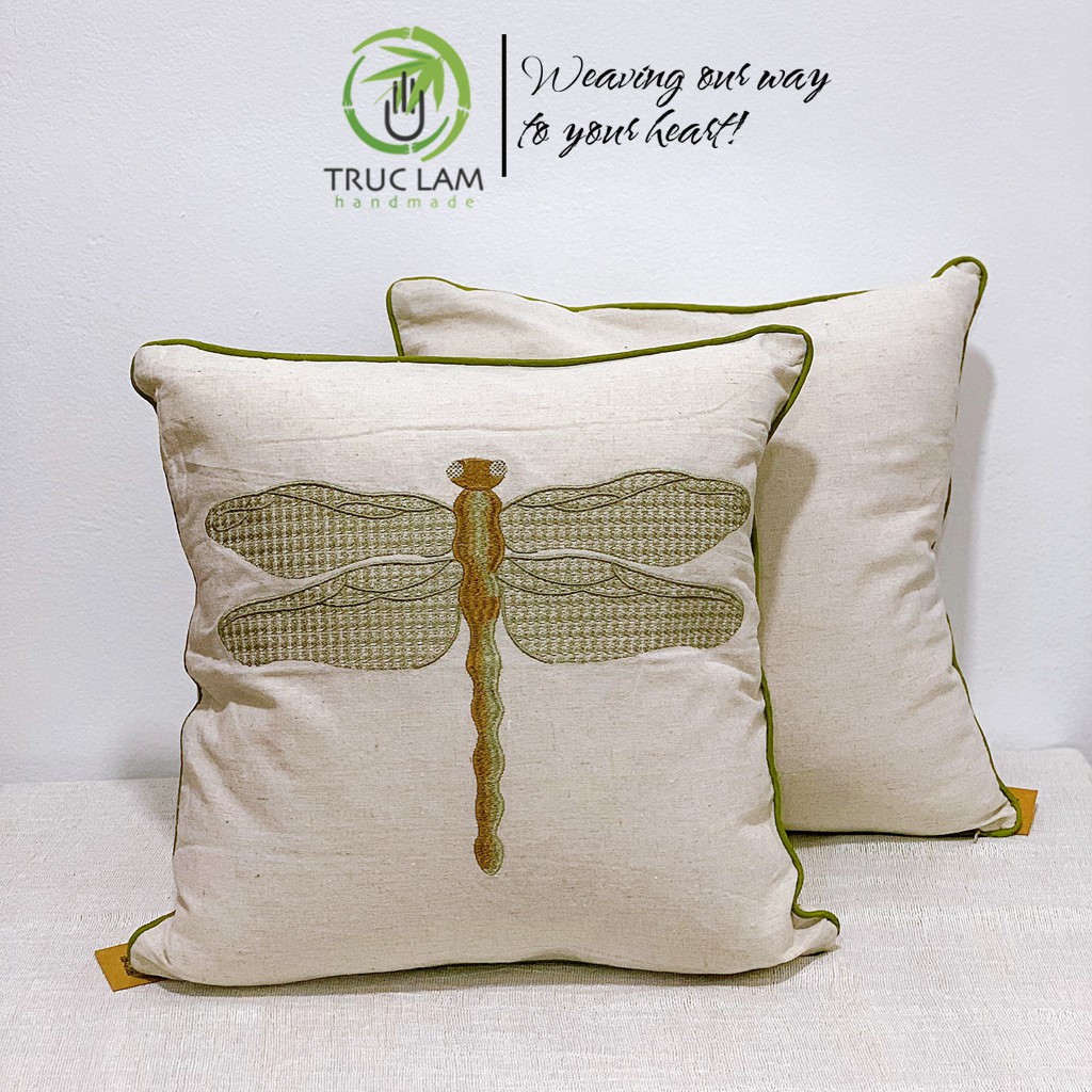 Gối/Vỏ Gối Vuông Tựa Lưng Sofa (45x45) Trang Trí Phòng Vải Linen Thêu Thủ Công Hình Con Chuồn Chuồn - Trúc Lâm Handmade