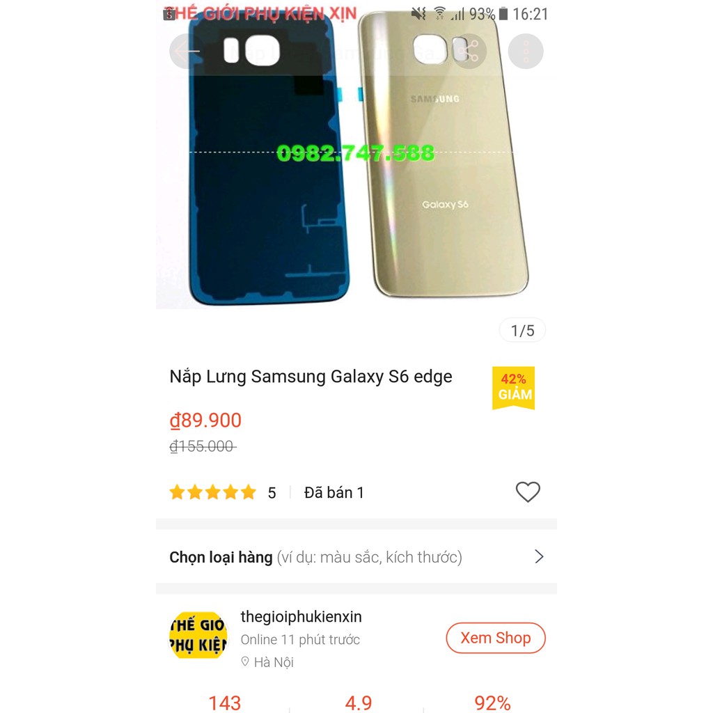 Nắp kính lưng Samsung Galaxy S6 Edge G925 công ty