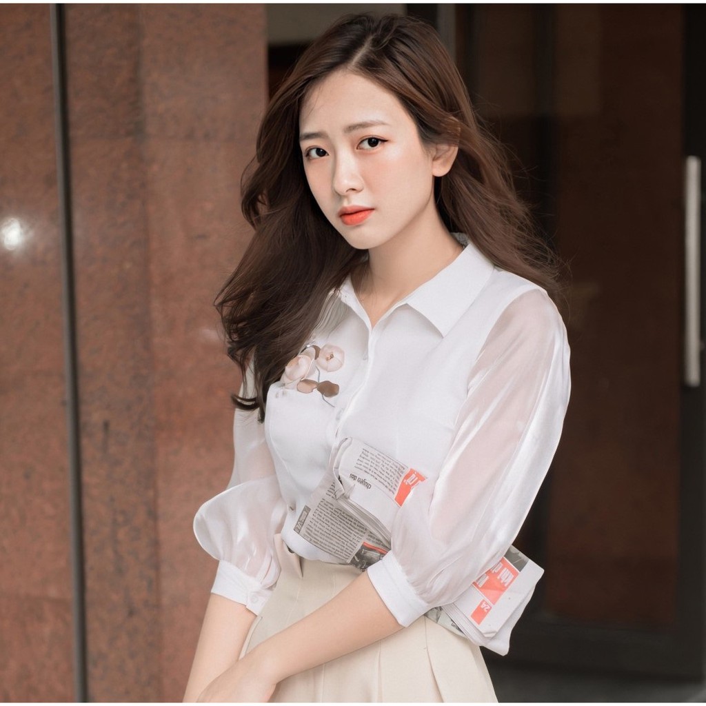 Áo sơ mi nữ công sở thời trang NGỌC HUYỀN vãi lụa màu trắng,màu hồng tay lưới thêu hoa trước ngực.