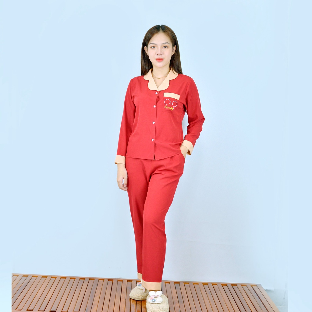 Bộ đồ bộ Pijama màu ĐỎ PHA SỮA tay dài quần dài lụa cao cấp - Thoải Mái Nhẹ Nhàng