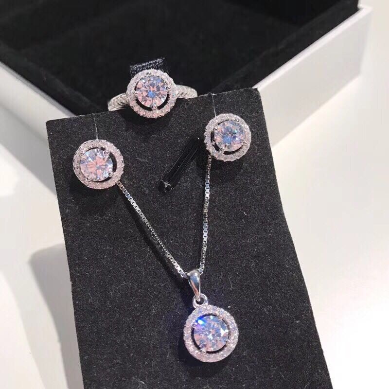 Bộ trang sức Bijoux CCAS228 gồm dây chuyền khuyên tai dạng xỏ nhẫn mạ bạc S925 đính viên đá zircon đám cưới cho nữ