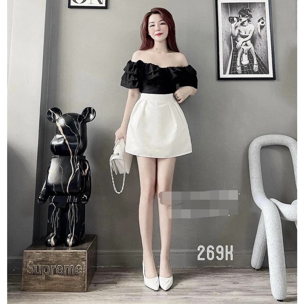 Sét bộ đồ nữ chân váy trắng cạp cao mix áo đen trễ vai cực kì đáng yêu thích hợp cho các tình yêu đi dạo phố