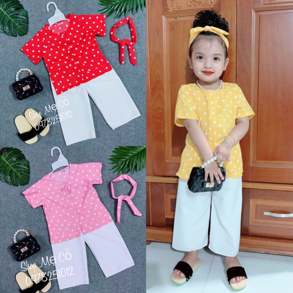 Bộ Bà Ba Chấm Bi Bé Gái Chất Lụa Mềm Mại Tặng Kèm Băng Đô Xinh Xắn
