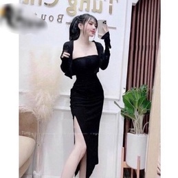 Sét bộ đầm ống ôm body xẻ tà trơn kèm áo khoác cực hot , chất thun gân mềm mịn ly