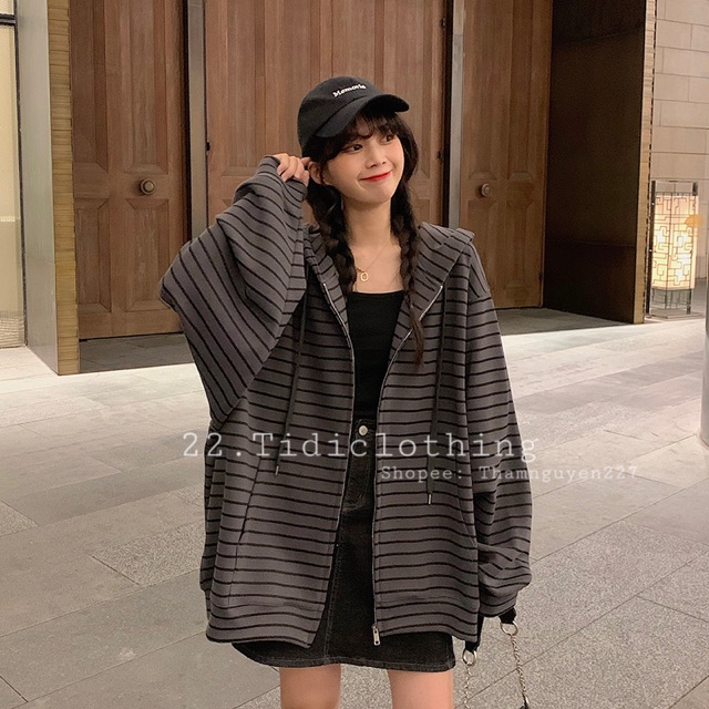 ORDER Áo khoác ulzzang kẻ ngang form rộng oversize có nón to / áo khoác kẻ sọc ngang hoodie tay dài nón to ORDER taobao