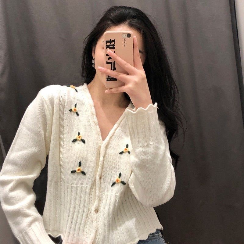 Áo Khoác Cardigan Cổ Chữ V Thêu Họa Tiết Phong Cách Retro Hàn Quốc Cho Nữ Giới