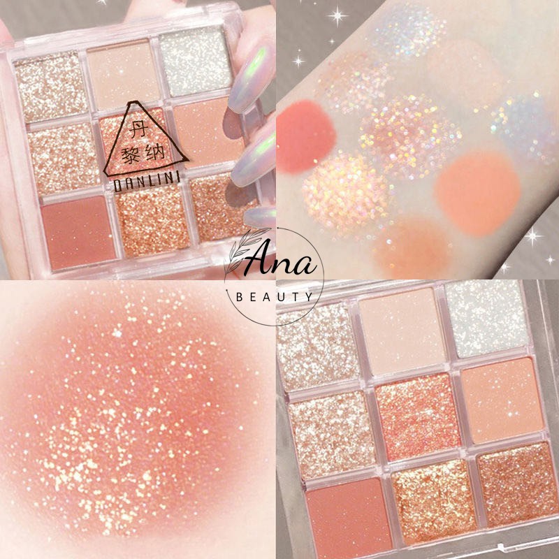 Bảng phấn mắt nhũ 9 ô vuông Danlini Baby Tông Màu Nâu Cam Vàng Nhũ Siêu HOTTREND