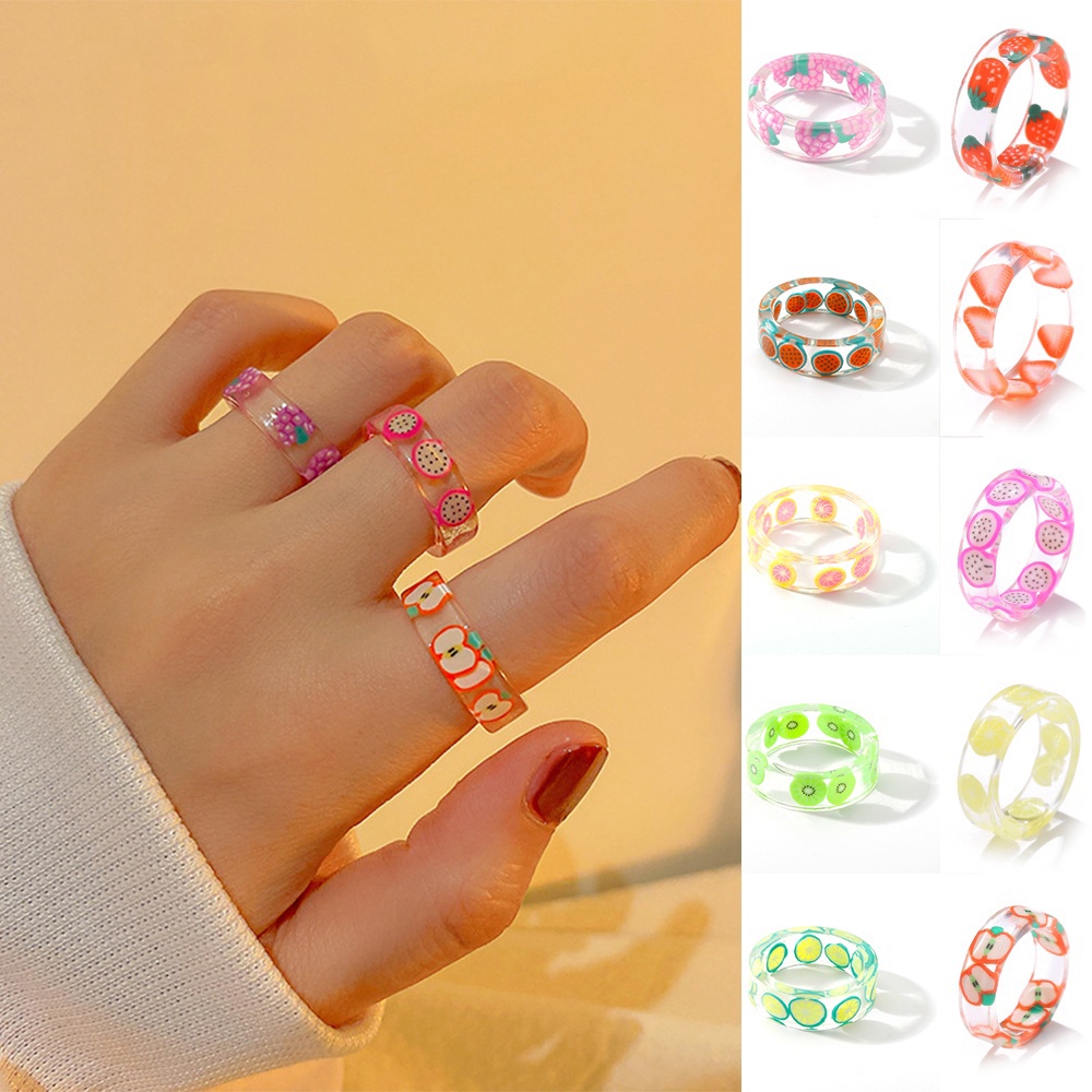 【kifli】Nhẫn acrylic resin thiết kế thủ công họa tiết trái cây thời trang Hàn Quốc