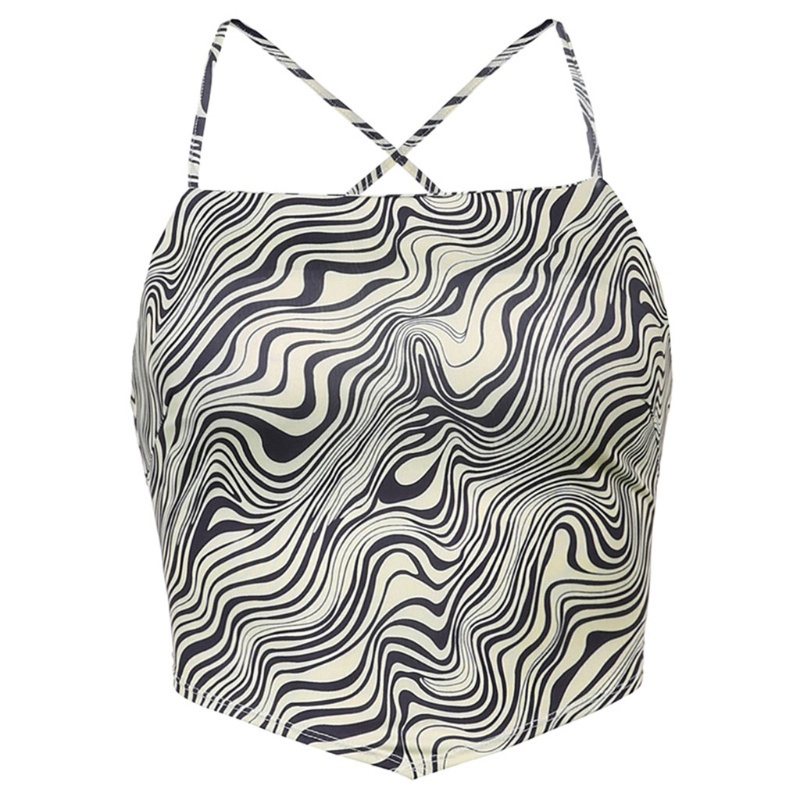 Xiangbao Áo Crop Top Dây Chéo Lưng Gợi Cảm In Họa Tiết Sọc Trừu Tượng Harajuku Sl