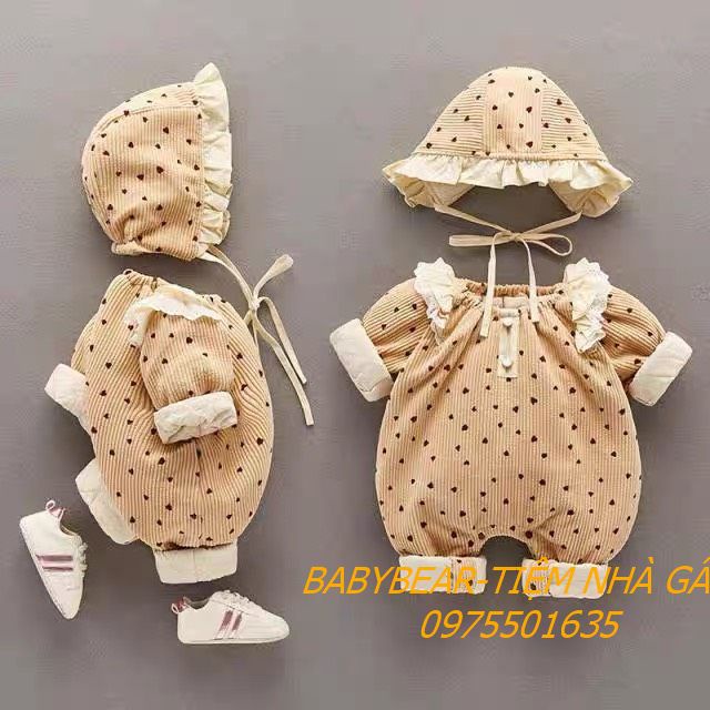 Body len Hàn kèm mũ tiểu thư tay cánh tiên họa tiết trái tim cho bé gái