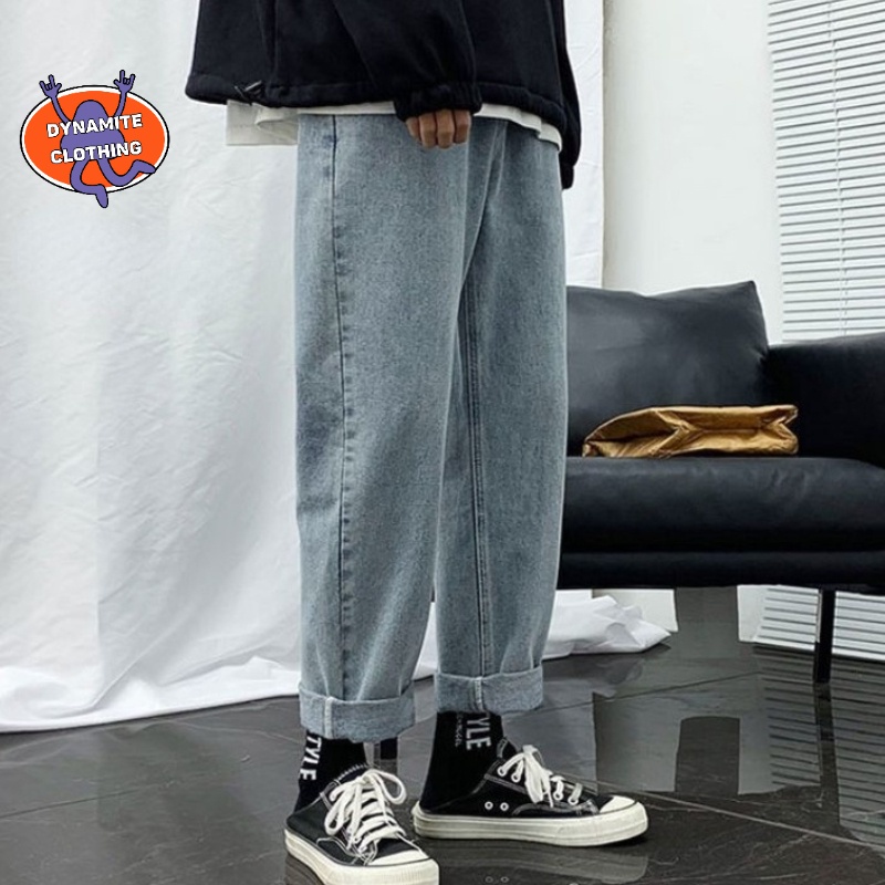 Quần jean ống rộng màu trơn phối dây rút thời trang cho nam size S-3XL