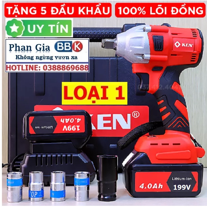 Máy Siết Bulong KEN 199V, Khoan Pin, Bắn Vít, Siết ốc KHÔNG CHỔI THAN, Loại 2 PIN