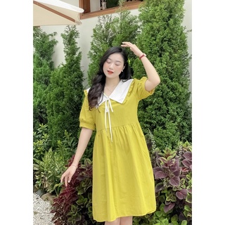 Váy babydoll Bobi cổ vạt nơ trắng tiểu thư