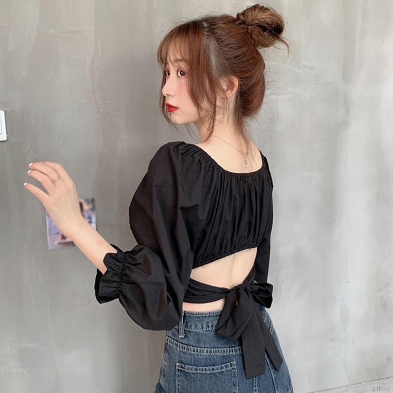 Áo Nữ Tay Dài Cổ Vuông Dây Chéo Sau Lưng Phong Cách Hàn Quốc