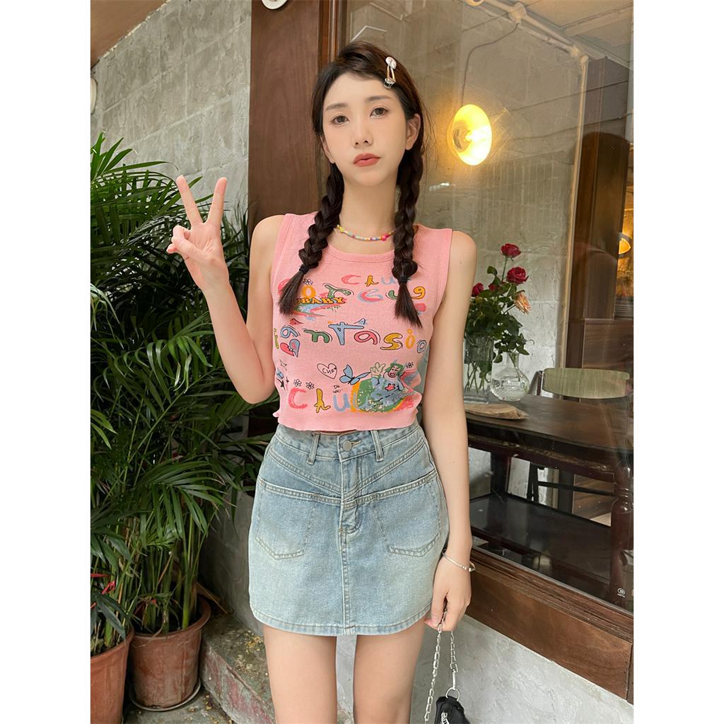 Áo Croptop Dệt Kim Cổ Tròn In Họa Tiết Phong Cách Retro Mỹ Cho Nữ