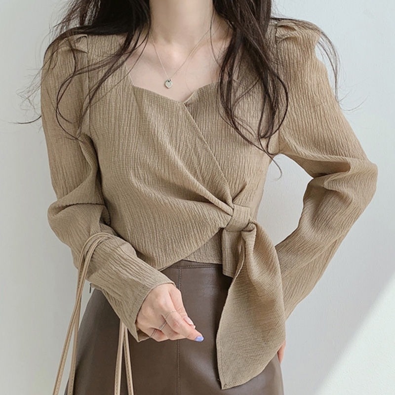 【FREESHIP+mua một tặng một】Áo Sơ Mi Tay Dài Dáng Rộng Cổ Vuông Thiết Kế Lệch Tà Kiểu Retro Thời Trang Mùa Xuân