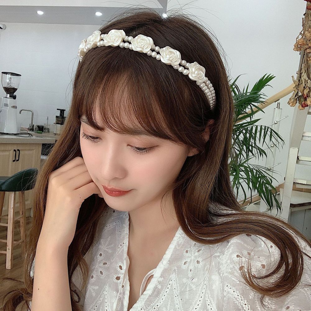 Băng đô cài tóc đính hoa hồng ngọc trai giả phong cách Hàn Quốc sang trọng thời trang cho nữ