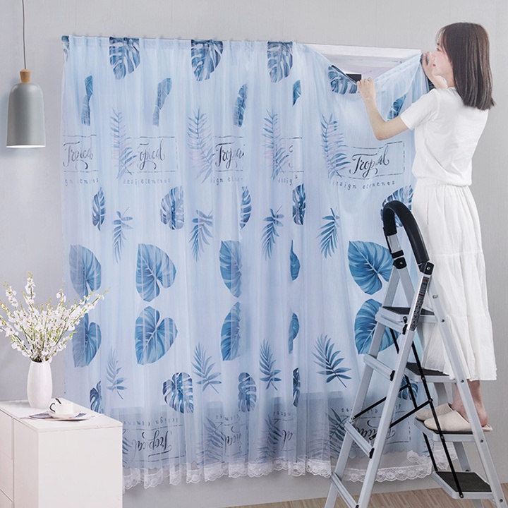 Rèm dán tường màn che cửa sổ phòng khách cửa chính ngăn phòng phông nền vintage 2 lớp vải voan ren không cần thanh treo