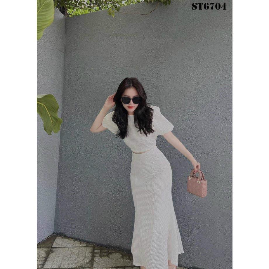 TTL Set chân váy đuôi cá phối áo trắng croptop tay phồng tiểu thư dịu dàng tôn dáng
