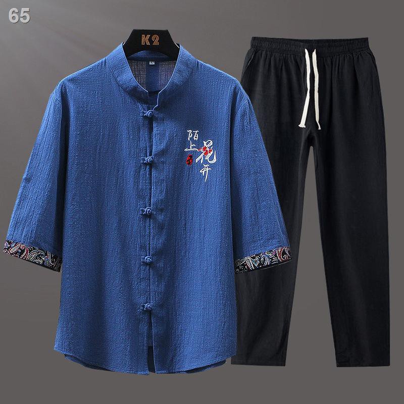 Bộ đồ nam ngắn tay mùa hè cotton Linen Phong cách Trung Quốc mỏng Hanfu T-shirt cổ điển Thêu Top