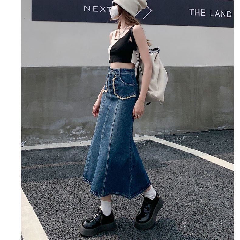 Jiashucheng Hàng Có Sẵn Chân Váy Denim Chữ a Lưng Cao Vừa Vặn Mùa Hè Thiết Kế Cổ Điển Dễ Phối Đồ Cho Nữ