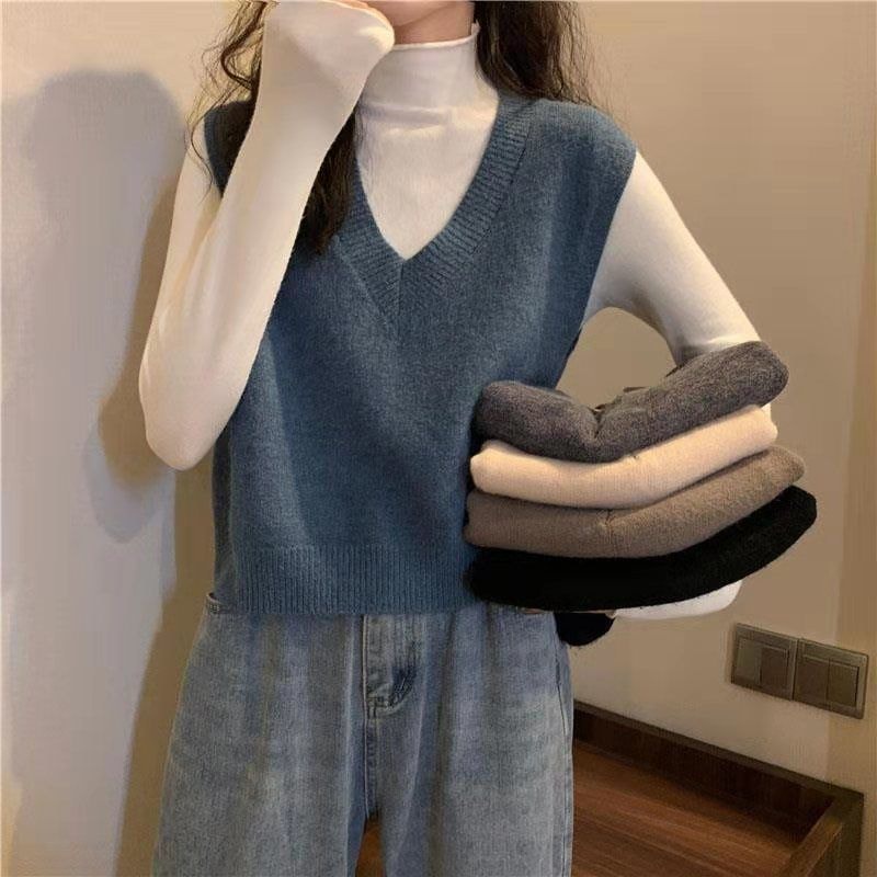  Áo len gile (gi-lê) cổ tim dáng ngắn Hàn Quốc chất liệu dệt kim | BigBuy360 - bigbuy360.vn