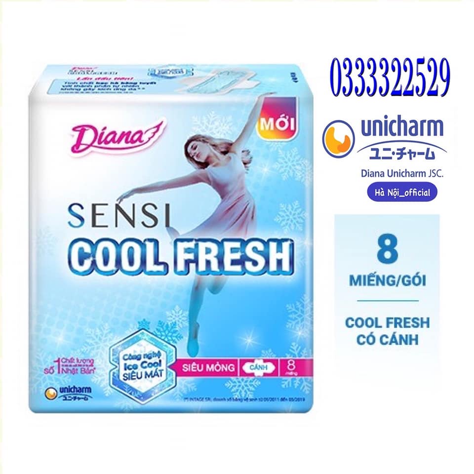 Combo 6 Băng Vệ Sinh Diana Siêu Thấm Maxi Không Cánh, có cánh. Diana Sensi Cool Fresh  (Gói 8 Miếng)