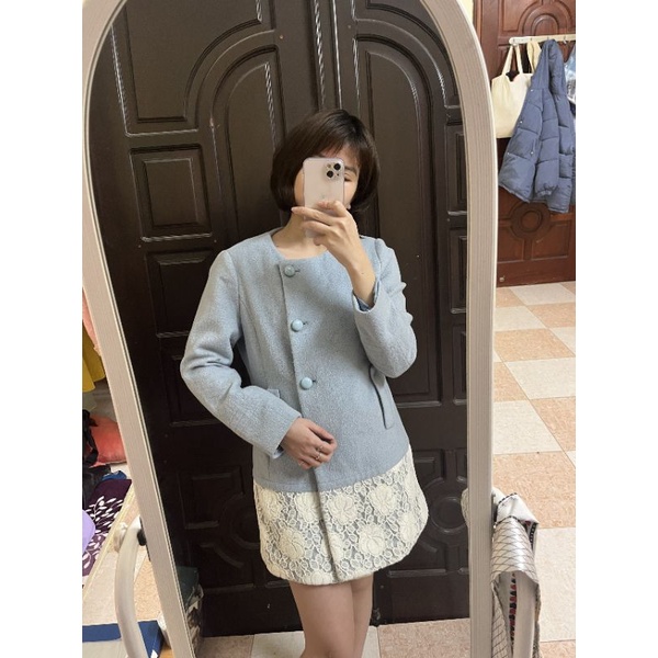 Áo dạ 2nd dáng dài màu xanh phối ren Size M
