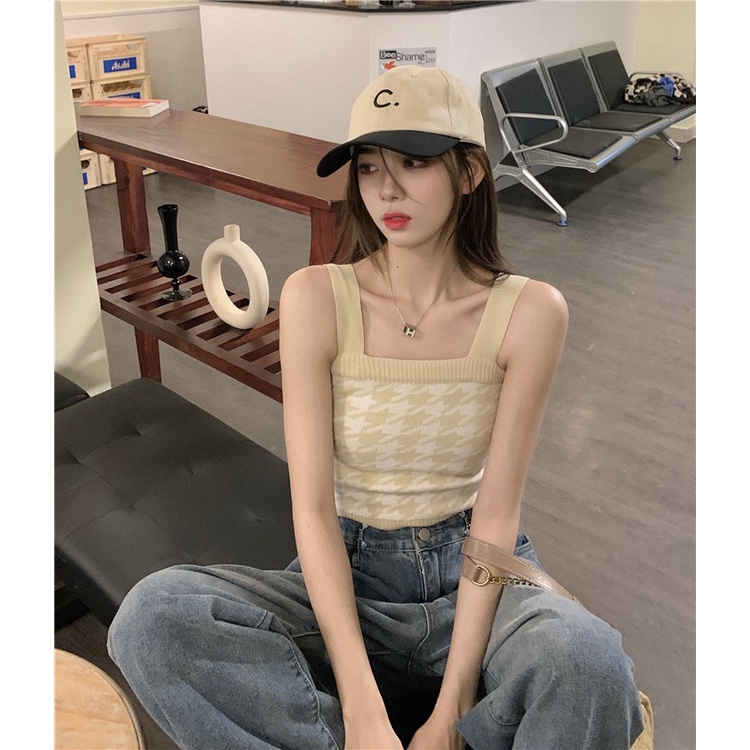 Áo dệt kim nữ hai dây họa tiết caro đơn giản thời trang | BigBuy360 - bigbuy360.vn