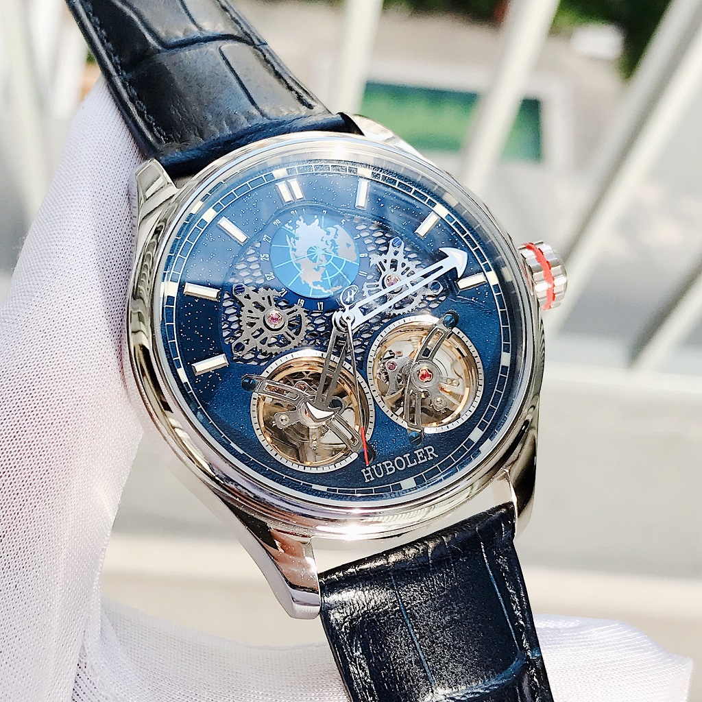 Đồng Hồ Nam Huboler Automatic Dây Da Xanh Silver Chính Hãng 44mm