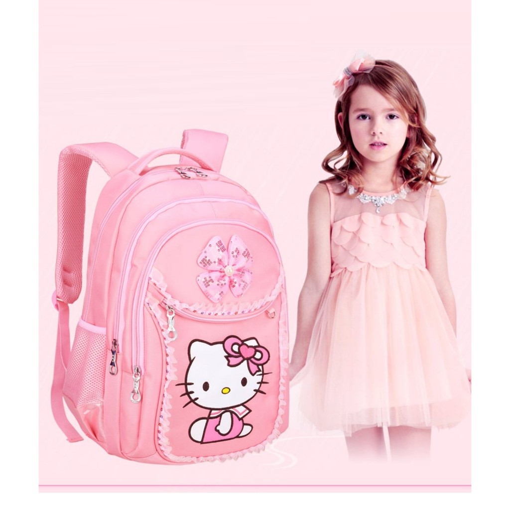 Balo Đi Học Cho Bé Gái Hình Hello Kitty chất liệu vải Polyester cao cấp, Cặp đi học cho lớp 1 - lớp 3