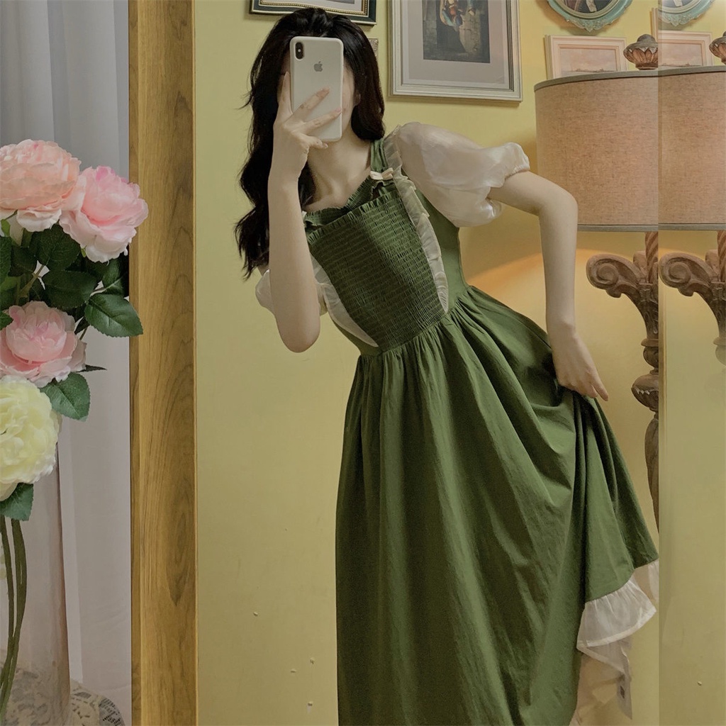 Đầm Midi Chữ A Tay Phồng Phối Lưới Màu Xanh Bơ Ngọt Ngào Phong Cách Pháp Thời Trang Cho Nữ