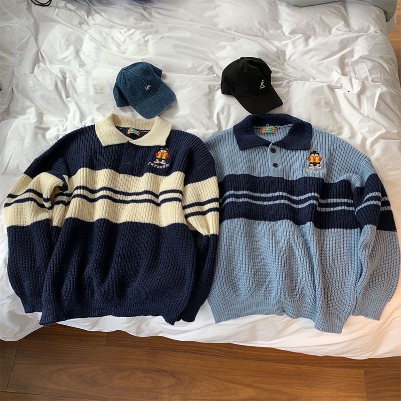 ÁO LEN POLO KẺ DÀI TAY UNISEX PHONG CÁCH HÀN QUỐC DỆT KIM PHỐI MÀU