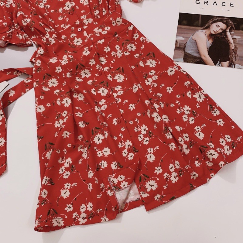 VN84 - VÁY HOA ĐỎ ĐUÔI BÈO NƠ SAU NỮ | BigBuy360 - bigbuy360.vn