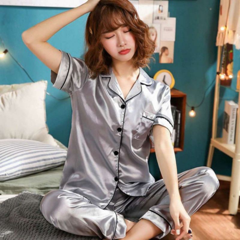 Set Bộ Pijama Nữ, Đồ Bộ Mặc Nhà Tay Ngắn Quần Dài , Vải Phi Lụa Mờ Cực Dễ Thương ...