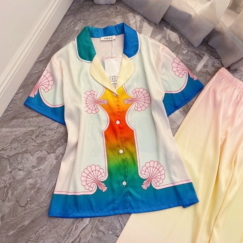 pijama lụa xước cao cấp quảng châu tay ngắn đỏ vàng