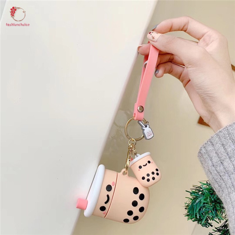 Bluetooth Headset Case Cute Cartoon Boba Tea with Keychain Silicone Dust-Proof Case For Airpods 1/2