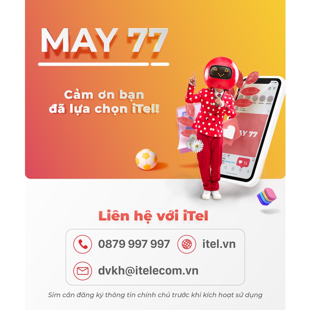 Itelecom eSIM KIT May 77 90Gb/ tháng Free gọi iTel Vinaphone 1k phút gọi