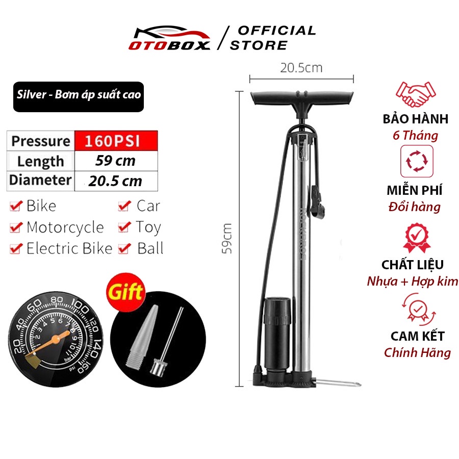 ✷♟✉bơm xe máy hơi lốp ô tô có đồng hồ đo áp suất rockbros 160 psi ống đạp mini chính hãng