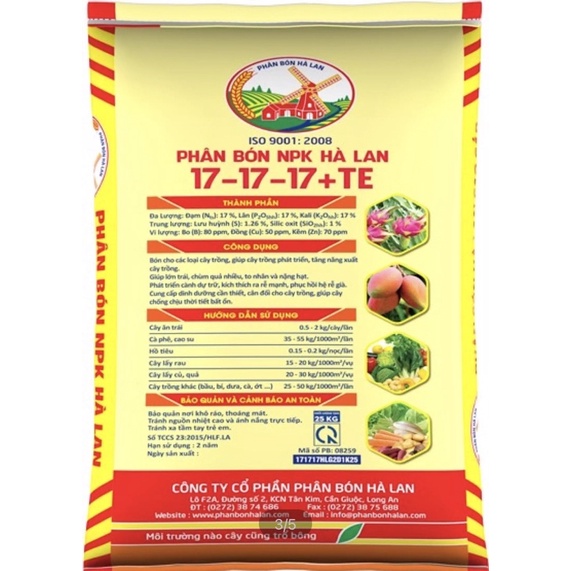 Phân bón NPK 17-17-17 + TE  gói 500gram
