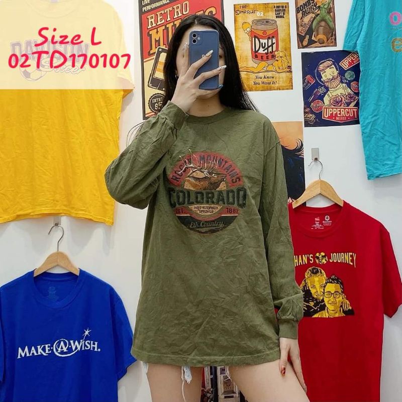 Áo thun, tee Mỹ tay dài, unisex form rộng màu xanh lính 2ndhand