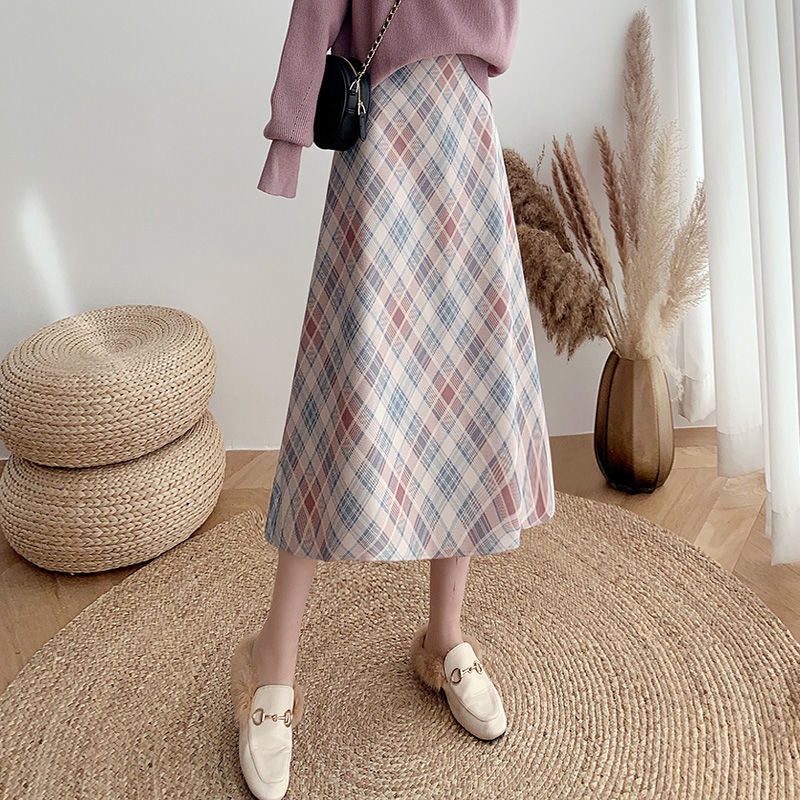 Plus Chân Váy Dài Qua Gối Dáng Chữ A Lưng Cao Họa Tiết Sọc Caro Thời Trang Thu Đông Cho Nữ