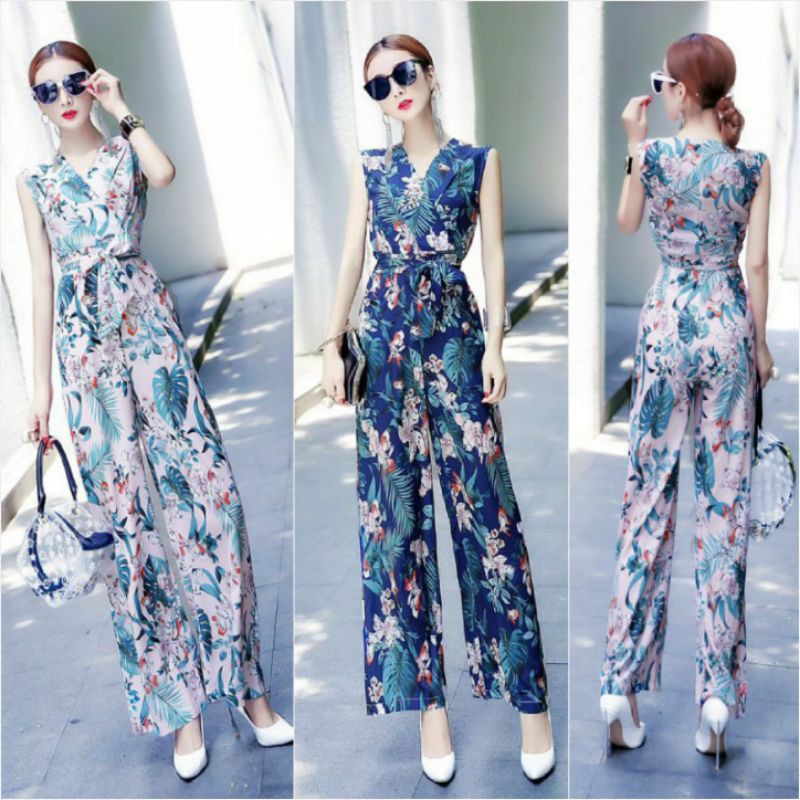 Hàng nhập - Jumpsuit dài lụa mịn in hoa lá, bộ jum ống suông không tay