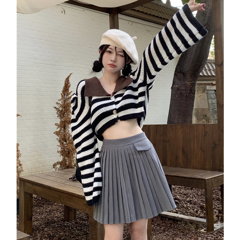 Áo Khoác Cardigan Dệt Kim Cổ polo Họa Tiết Kẻ Sọc Màu Tương Phản Thời Trang