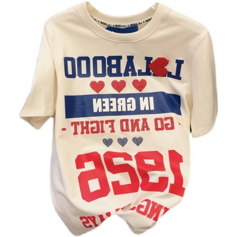 Áo Thun Tay Ngắn Dáng Rộng In Chữ Và Hình Trái Tim Thiết Kế Mới Thời Trang Theo Phong Cách retro Cho Nữ