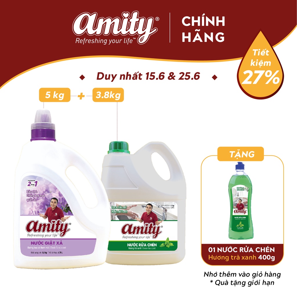Combo Nước Giặt xả AMITY 5kg + Nước Rửa Chén AMITY 3.8Kg - Tặng 1 chai Nước Rửa Chén 400gr